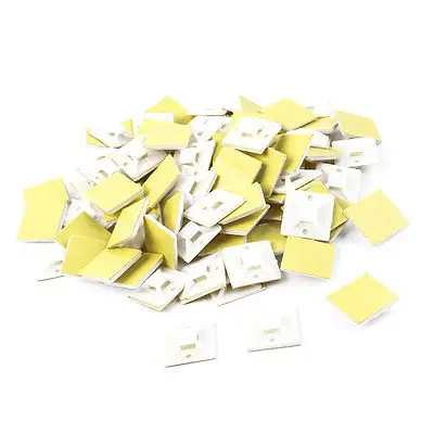 30mm x 30mm White Plastic Cable Wire Tie Self Adhesive Type Base 100 Pcs