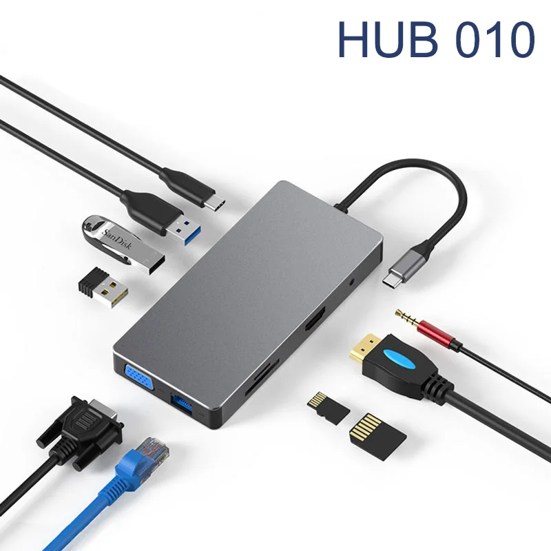 Мульти USB C концентратор USB 3,0 USB3.1 HDMI 4 K/SD/TF кард-ридер/PDcharging/VGA Аудио/RJ45 адаптер для MacBook Pro type c - Цвет: HUB 010