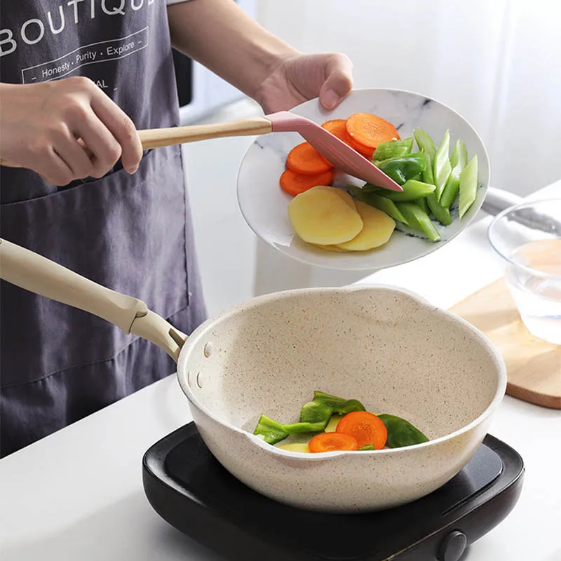 Japanese medical stone frying pan non stick wood handle wok fume free  cooking pot fryer cooker cookware saucepan glass lid - AliExpress