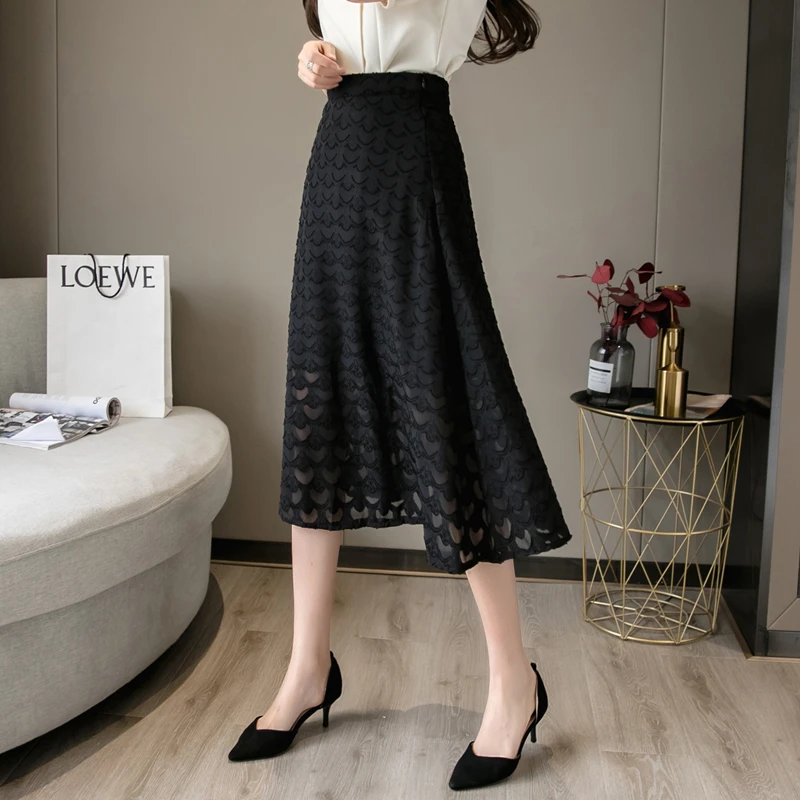 

LUKAXSIKAX 2021 New Arrival Spring Autumn Women Skirt High Quality Fashion Jacquard High Waist Slim Chiffon Long Skirt