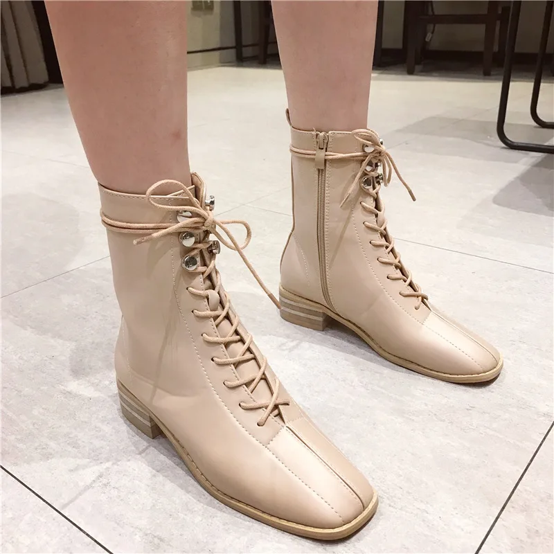 

Shoes Round Toe Autumn Boots Lace Up Booties Ladies Bootee Woman 2019 Low Heels booties Martins For Women Rubber Mid-Calf Mid Calf