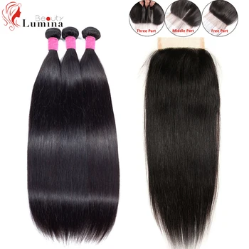 

Brazilian Straight Hair 3 Bundles With Lace Closure 100% Human Hair Extensions Weft And Weave Bundles With Closure Remy Hair