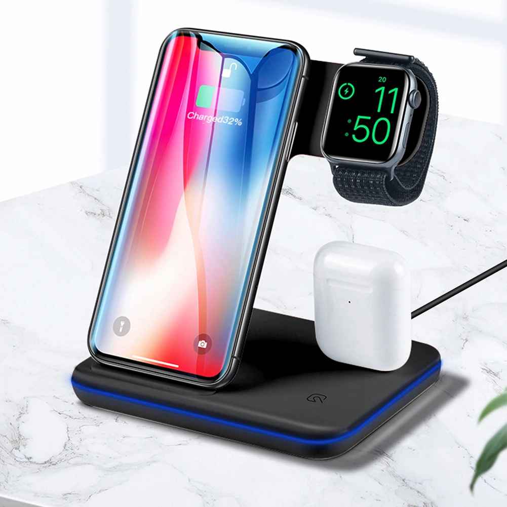 3 в 1 Беспроводное зарядное устройство для iPhone 11 Pro XS MAX XR X samsung Note 10 9 8 Apple Watch AirPods светодиодный светильник 15 Вт Быстрая зарядка