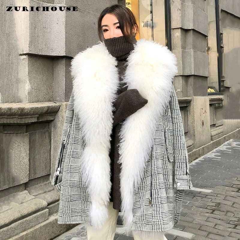 

ZURICHOUSE Luxury Women's White Duck Down Jacket Winter Long Fur Parka 2019 Contrast Color Plaid Roll Wool Collar Down Coats