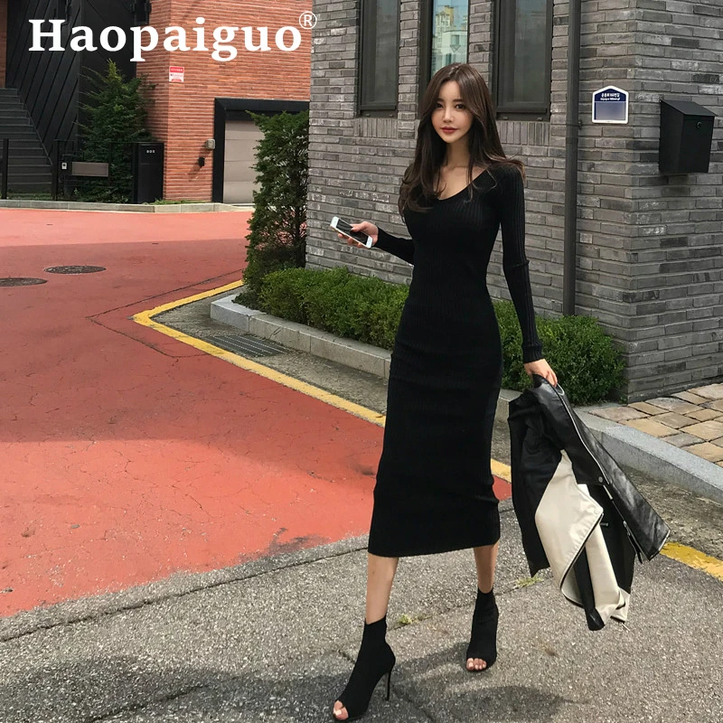 

Black Knitted Sweater Dresses Ladies Long Sleeve Sheath Bodycon Wrap Long Dress Women Solid Good Elastic Autumn Dress Women Robe