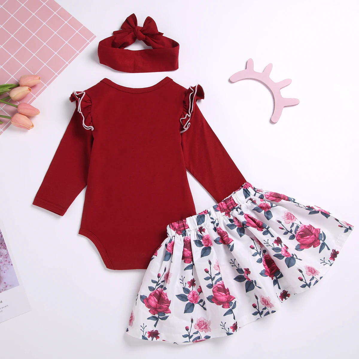 Wholesale longsleeve 3 pieces infant baby clothing set cotton romper tops + skirt + headband outfit