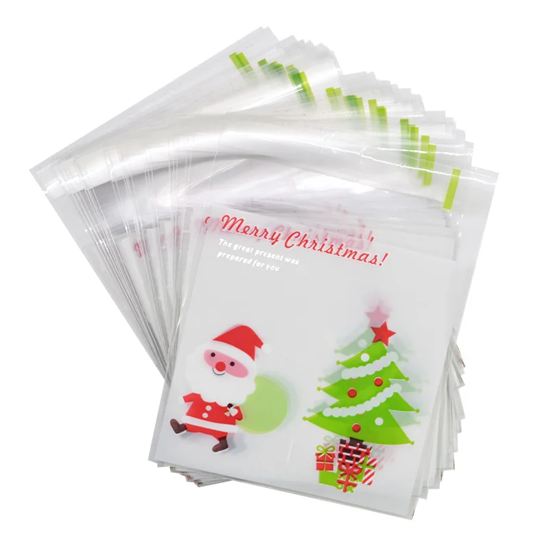50 шт 10x10 см Рождественская елка Санта Клаус Рождественский мешок для конфет самоклеящиеся пластиковые пакеты для новогодней рождественской упаковки печенья
