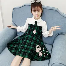 Блузка для девочек; дизайнерское клетчатое платье; рубашка принцессы; хлопковые детские платья с воротником для девочек; платье с вышитыми цветами и длинными рукавами