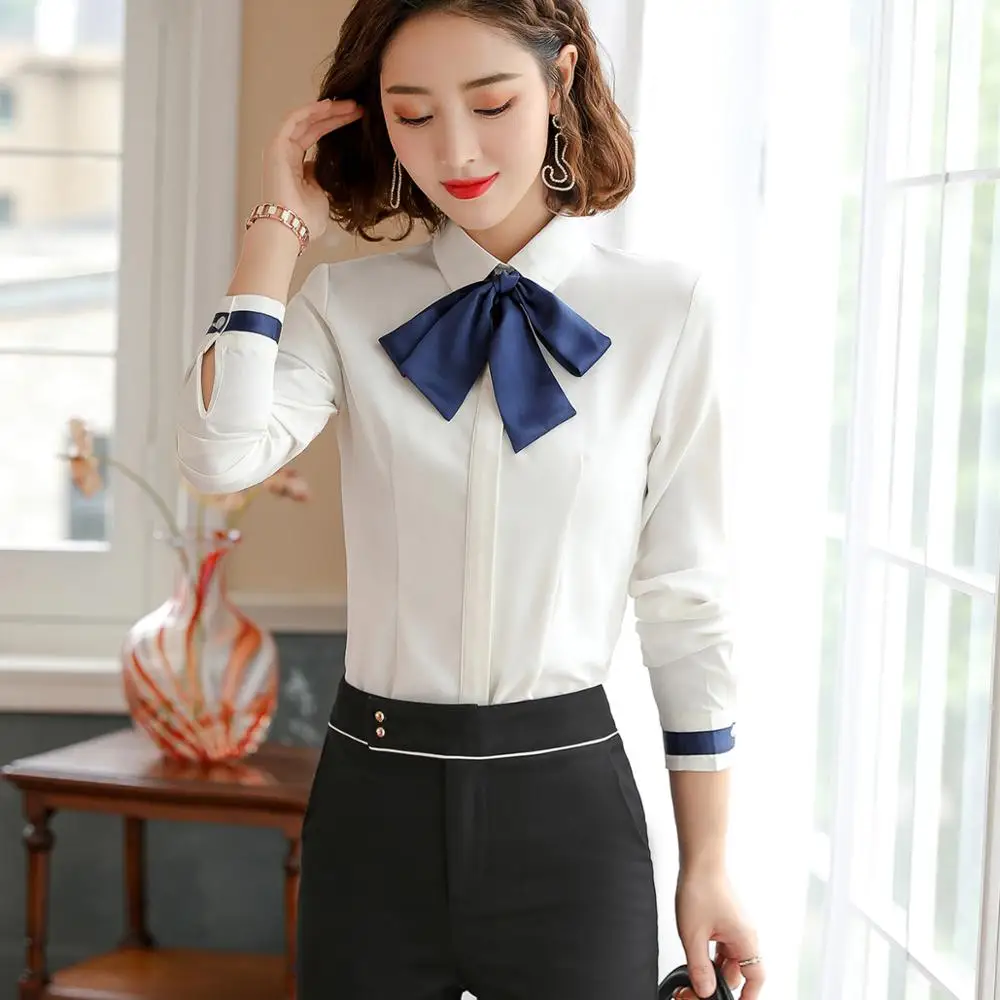 Женская блузка с длинным рукавом и отложным воротником|collar shirt|shirt with bowwhite blouse |