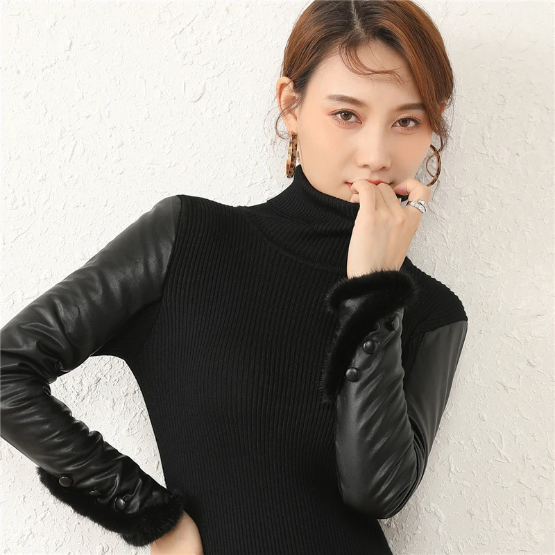 High Elastic Sweater 2020 Autumn Winter Women Faux Leather Pullovers PU Patchwork Knitted Sweaters | Женская одежда