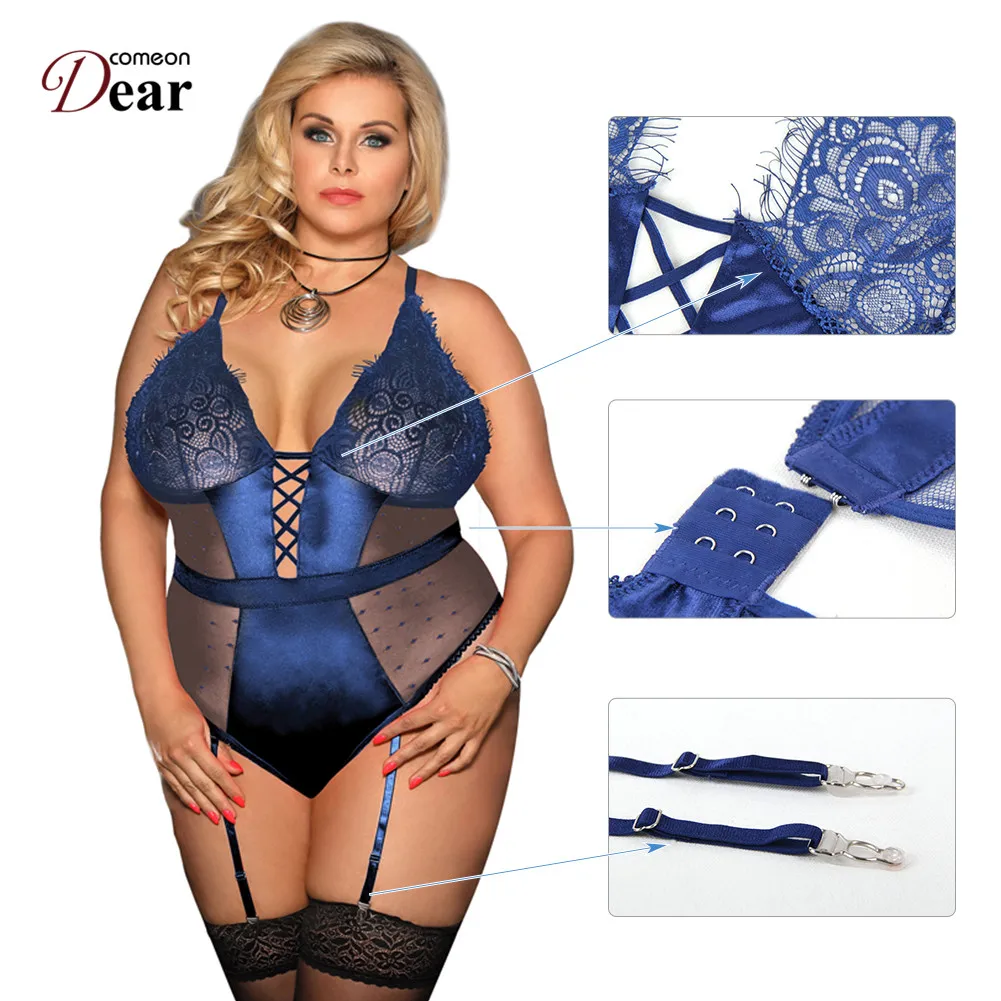 Comeondear Lace Bodysuits Plus Size Women Transparent Jumpsuit Sexy Teddy Satin Overalls Body Mujer With Garter Belt RB80651