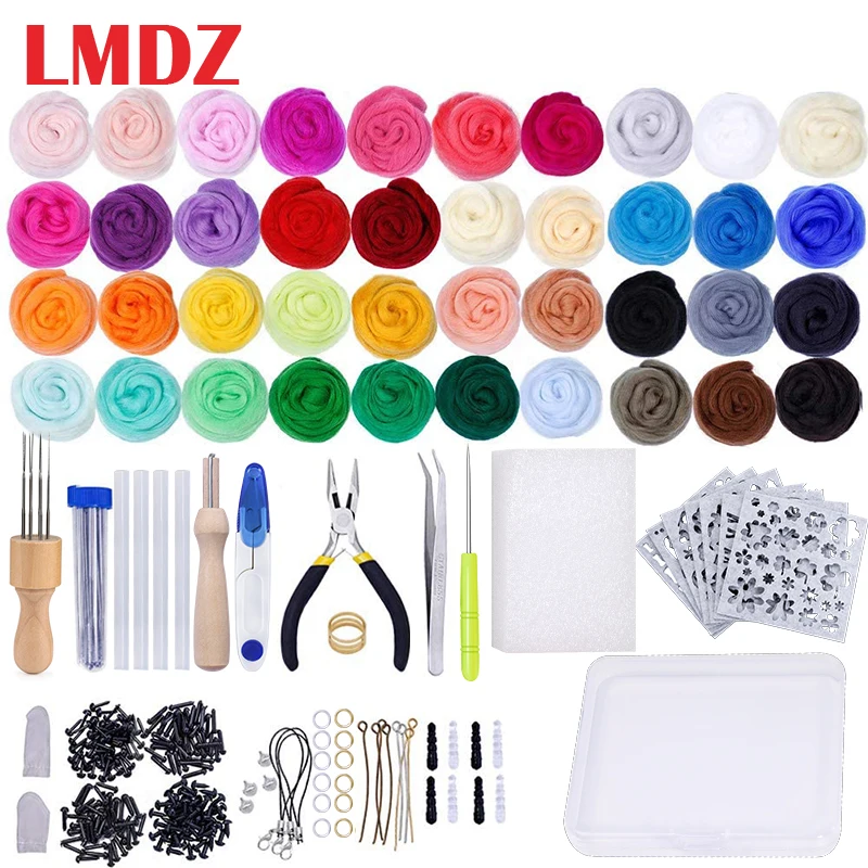 LMDZ aguja Felting Kit, lana Roving 40 colores Set, aguja para fieltro para principiantes Kit, herramientas de fieltro de lana con herramienta para fieltro instrucciones