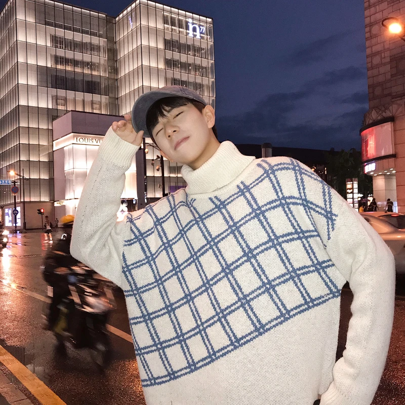 

Winter Turtleneck Sweater Men Warm Fashion Sweaters Casual Plaid Sweter Clothes Man Streetwear Wild Loose Knit Pullover Men