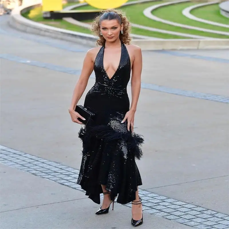 Новое черное платье с блестками без рукавов с открытыми плечами Vestidos вечернее облегающее платье