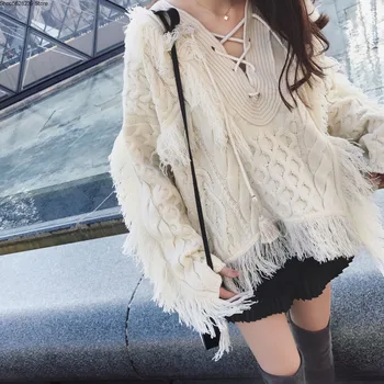 

19chic Lazy Wind Sweater Female Irregular Loose Tassel Long Sleeve White Knitting Top