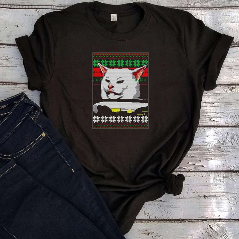 

Cat Meme Woman Yelling At Table Dinner Ugly Christmas Tshirt Woman Clothes 90s Plus Size Tee Aesthetic Print Shirts O-Neck Cute