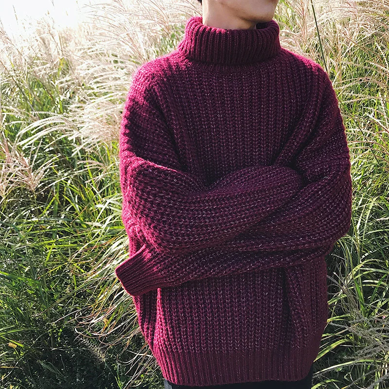 Winter New High Collar Sweater Men's Warm Fashion Solid Color Casual Knit Sweater Man Wild Loose Long Sleeve Pullover Men