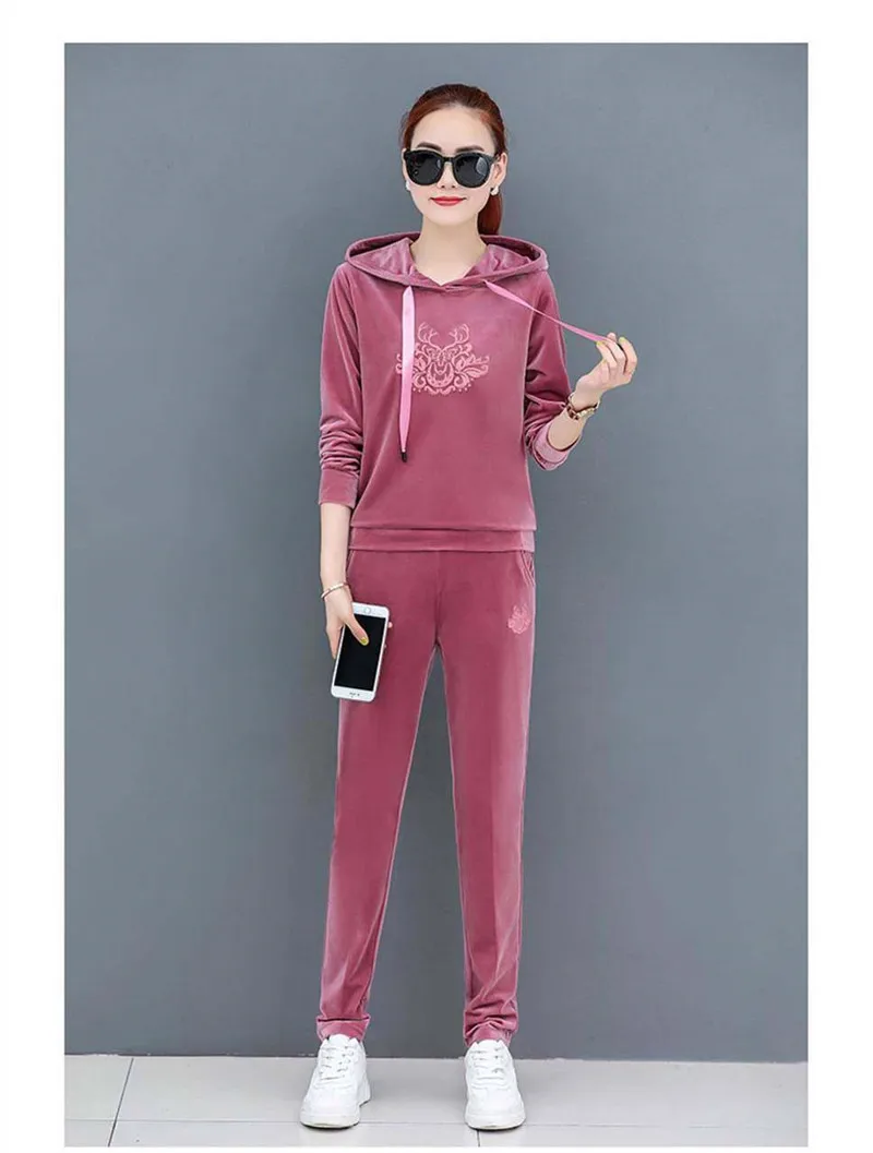 Sportwear Hooded Velvet Tracksuits Winter Women Plus Size Casual Ensemble Femme Jogging Two Piece Sets Embroidery Tops And Pants
