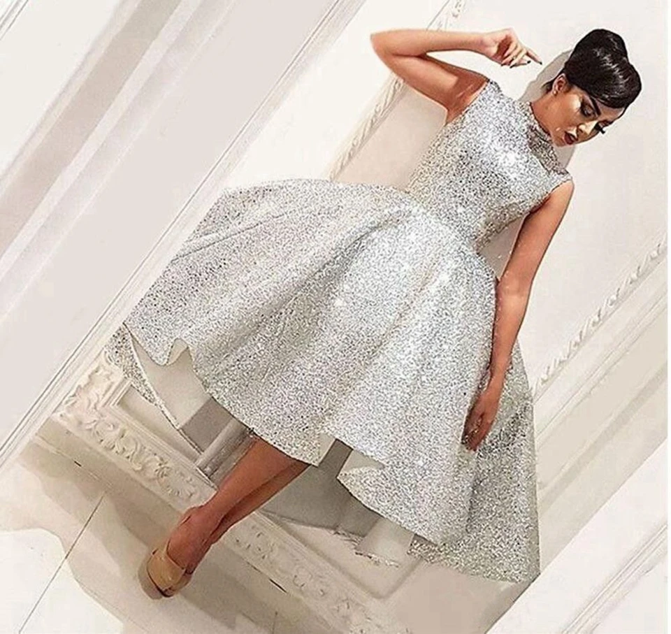 US $69.81 Silver Fashion High Neck Short Prom Dresses 2020 Sequined Ball Gown Cocktail Formal Party Graduation Gowns Homecoming Vestidos