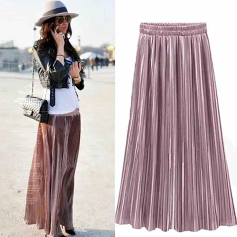 Spring Summer Pleated Skirt Womens Vintage High Waist Skirt Solid Long Skirts New Fashion Metallic Skirt Female Spring Summer Pleated Skirt Womens Vintage High Waist Skirt Solid Long Skirts New Fashion Metallic Skirt Female