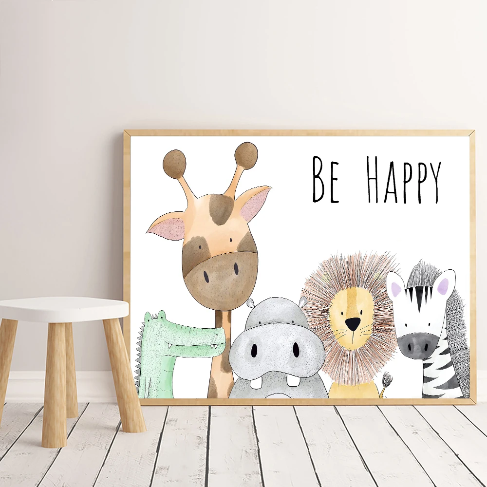 

Be Happy Nursery Room Prints Painting On Canvas Animals Hippo Giraffe Monkey Lion Poster Picture Home Decor for Kids Baby Room