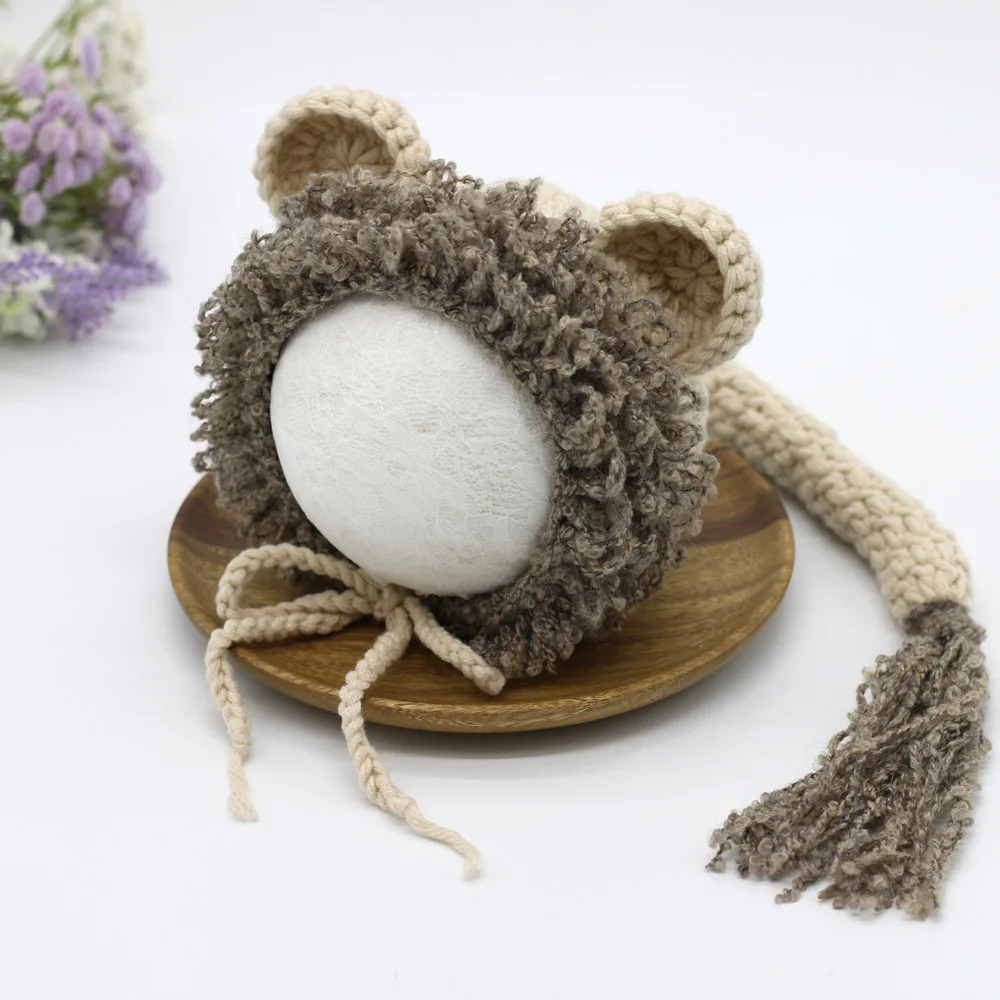 Gray Newborn Photography Props In Baby Lion Shaped Hat Tail Baby Photo Cap Baby Clothing Photography Accessories Knitted Baby Hat - Цвет: Gray