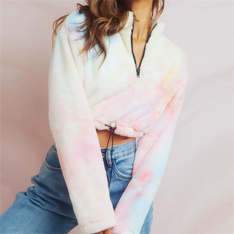 Tie Dye/женские толстовки из овечьей шерсти на молнии, осень, модные повседневные толстовки с длинными рукавами, пушистый флисовый укороченный топ