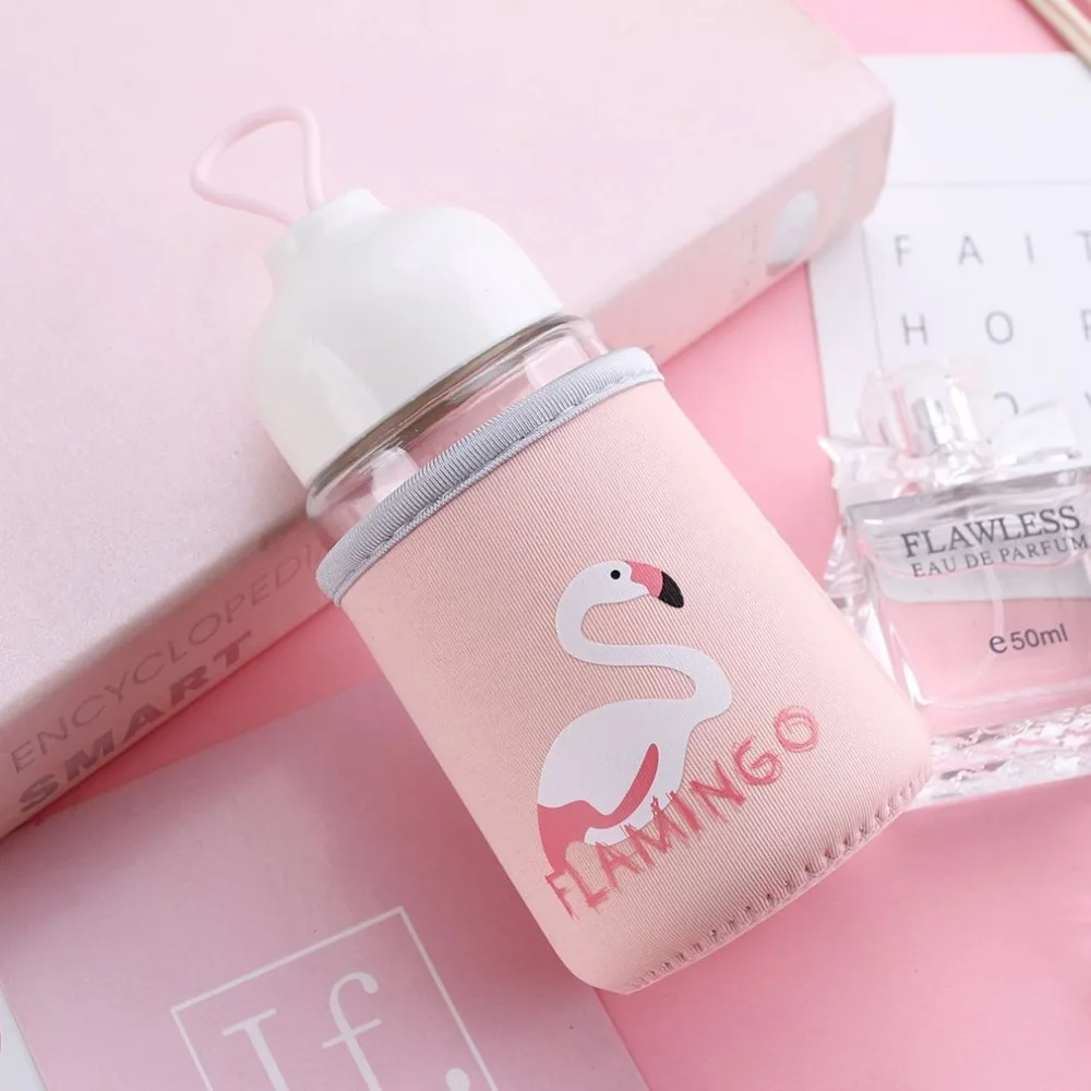 Милый 320 мл Фламинго стеклянная бутылка воды с тканевой крышкой питьевой для детей