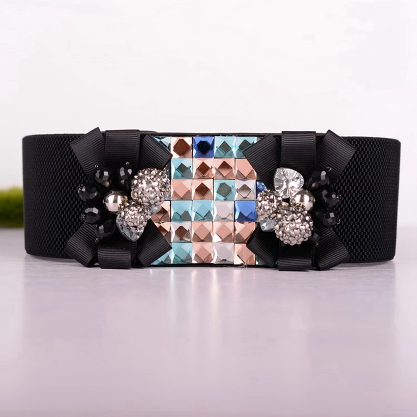 

Elegant Women Elastic Waistband Vintage Stretch Waist Belt Crystal Flower Buckle High Waist Belts Elastische riemen