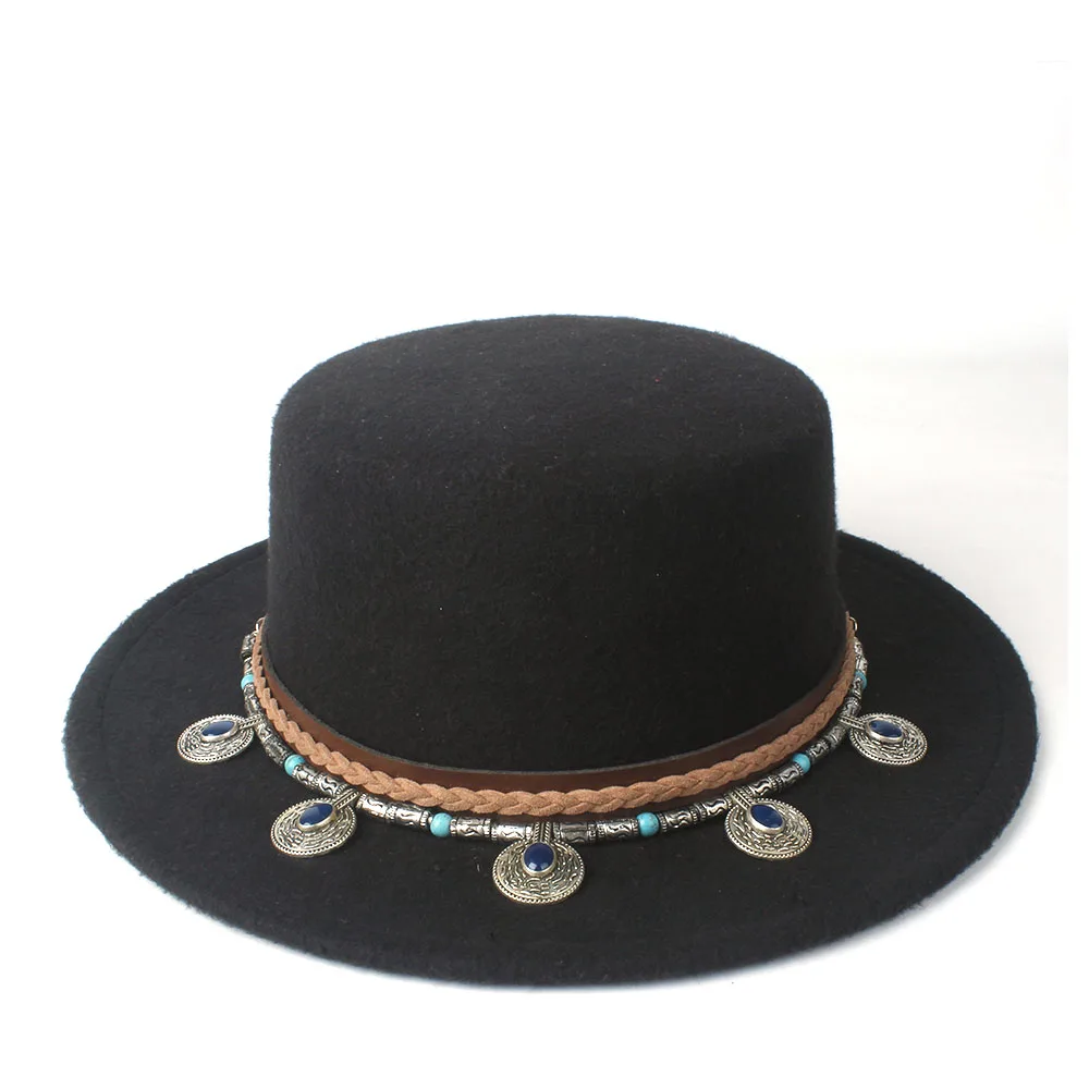 Women Fashion Flat Top Hat Wide Brim Hat Dance Party Boaters Hat Wool Homburg Trilby Hat Size 56-58CM