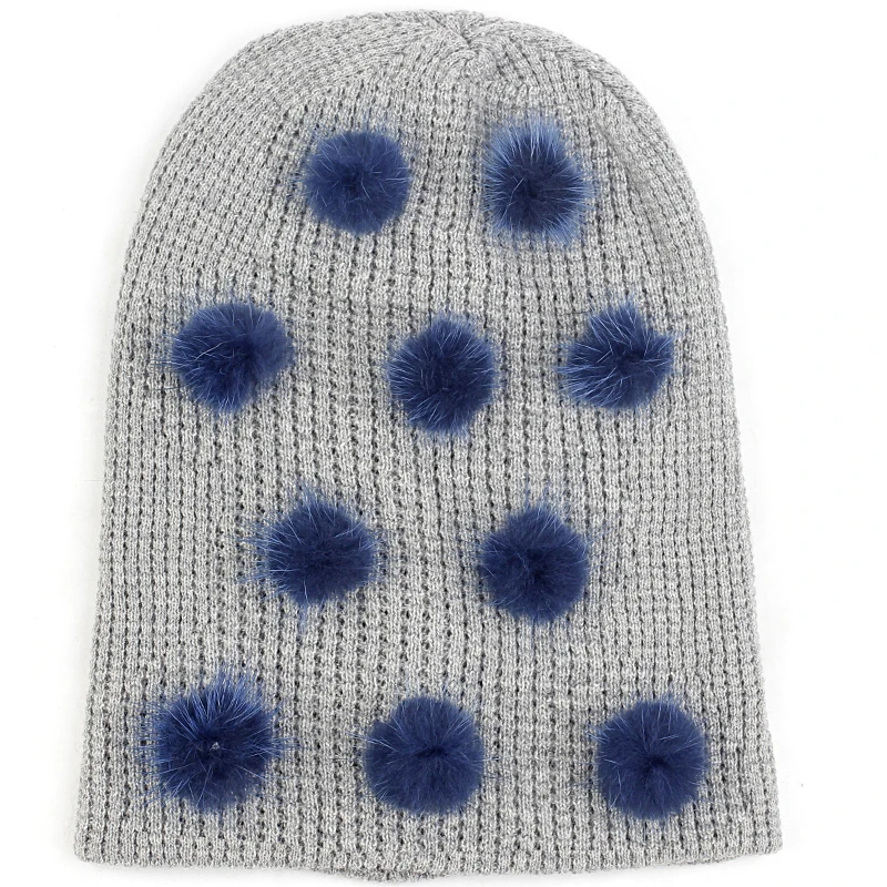 royal blue lt gray Charm wood, кашемировая шапочка для взрослых, Осень-зима, теплая шапка с черепом, шапка бини, пуловер, манжета, шапка с маленьким помпоном, аксессуары в горошек - Цвет: royal blue lt gray