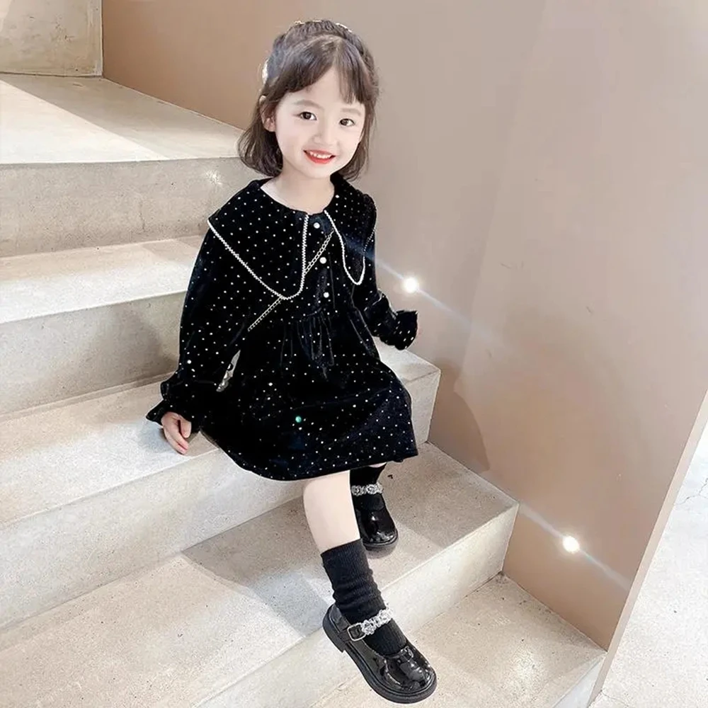 

Autumn Toddler Baby Girl Clothing Black Dot Turn Down Collar Dresses For Girls Winter Velvet Warm Princess Dress Korean Vestidos