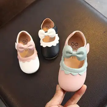 

Kids girls shoes PU leather black mary jane with flowers white bow children shoes good quality solid little kids princess shoes
