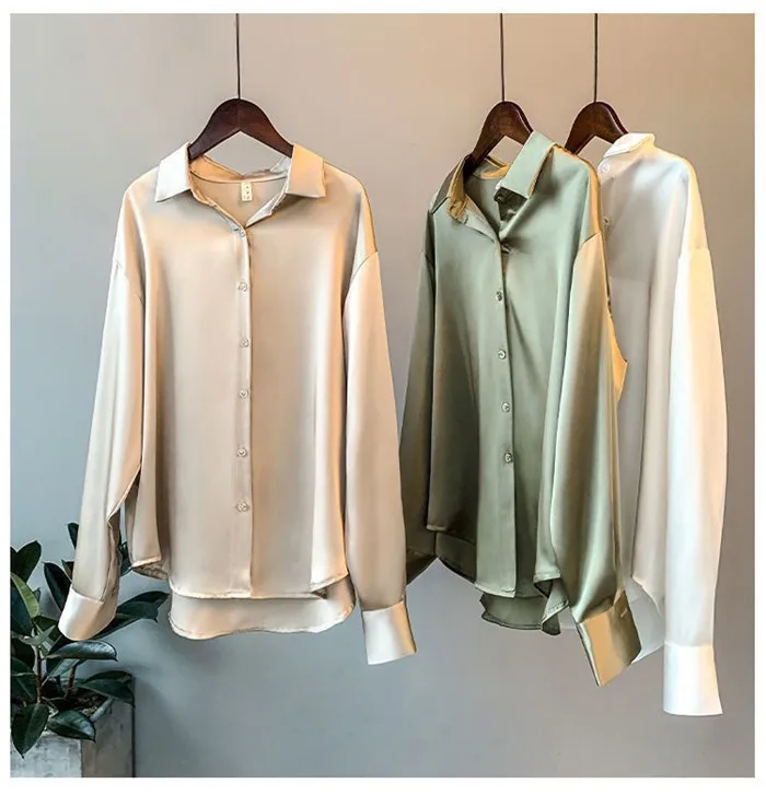 High Quality Elegant Imitation Silk Blouse Spring Women Fashion Long Sleeves Satin Blouse Vintage Femme Stand Street Shirts