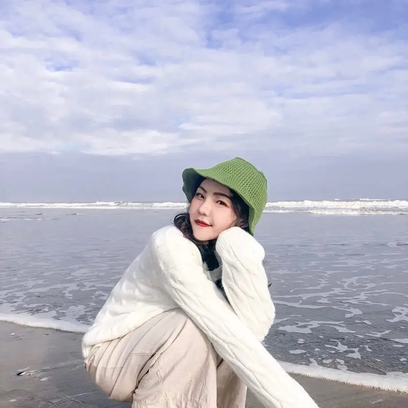 Bucket Hats Women Knitted Solid Kawaii Japanese Style All-match Elegant Summer Daily Casual Womens Hat New Harajuku High Quality