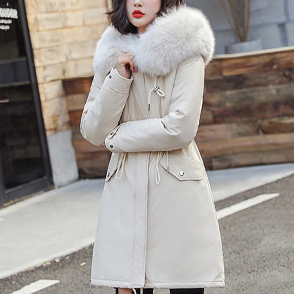 Модное теплое пальто для женщин, водонепроницаемая куртка с хлопковой подкладкой, тонкое длинное пальто для женщин, Зимняя парка с большим меховым капюшоном размера плюс - Цвет: Off-white