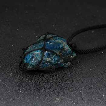

Irregular Natural Stone Genuine Blue Apatite Phosphorite Pendant Necklace Handmade Wrap Braid Necklace Women Men Energy Jewelry
