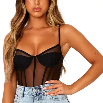 

Women Sexy Suspenders Low-Cut Bodysuit Perspective Mesh Nightclub Rompers Lady Sleeveless Bodysuits Black Whtie S M L