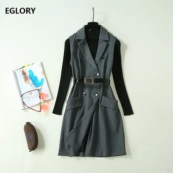 

Women's Set 2019 Autumn Winter Suit Ladies Black Pullovers+Notched Collar Double Breasted Grey Blazer Dress Set Casual Workwear