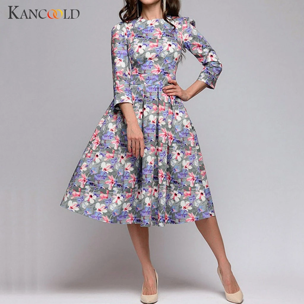 KANCOOLD женское модное платье с цветочным принтом и круглым вырезом 3/4 рукав карман