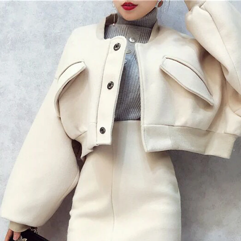 Beige Coat Женский свободный Блейзер, куртки, юбки, комплект из двух предметов, бейсбольный топ с рукавом летучая мышь, короткое пальто, костюмы с юбкой, дамские наряды, большие размеры - Цвет: Beige Coat