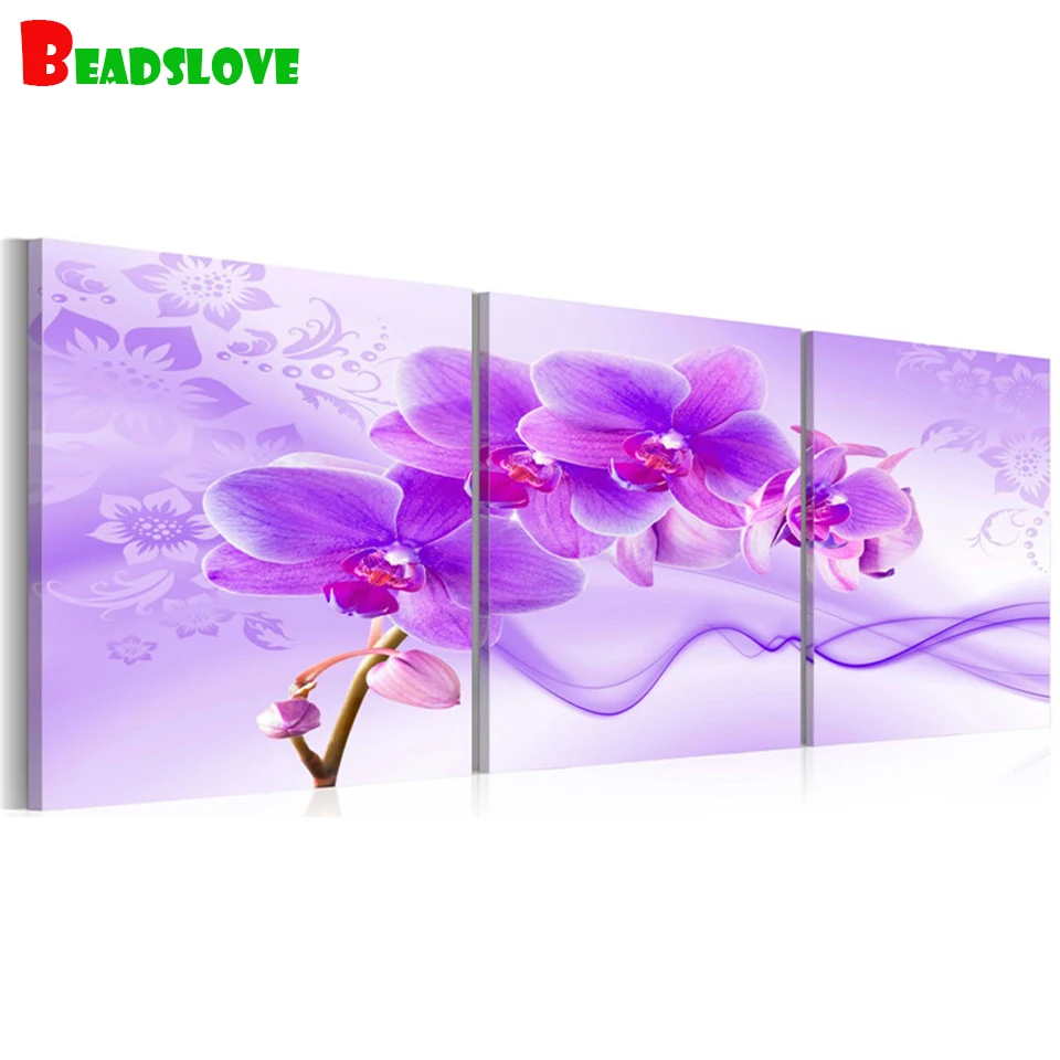 3 Панели Фиолетовый красивый цветок орхидеи Алмазная картина полный квадратный