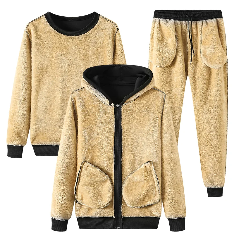 Winter Thick Warm Fleece Men's Tracksuit Sets 3 Piece Hooded Jacket+Sweatshirt+Pants Casual Male Set Sportswear Sweat Suits
