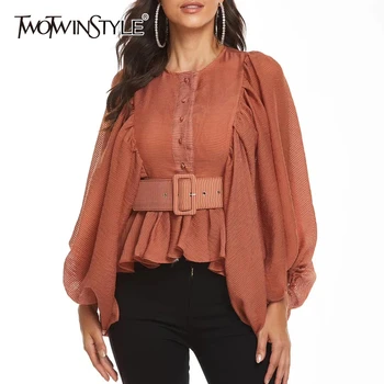 

TWOTWINSTYLE Elegant Loose Women Shirts O Neck Lantern Long Sleeve High Waist With Sashes Ruched Blouses Female Fashion Clothes