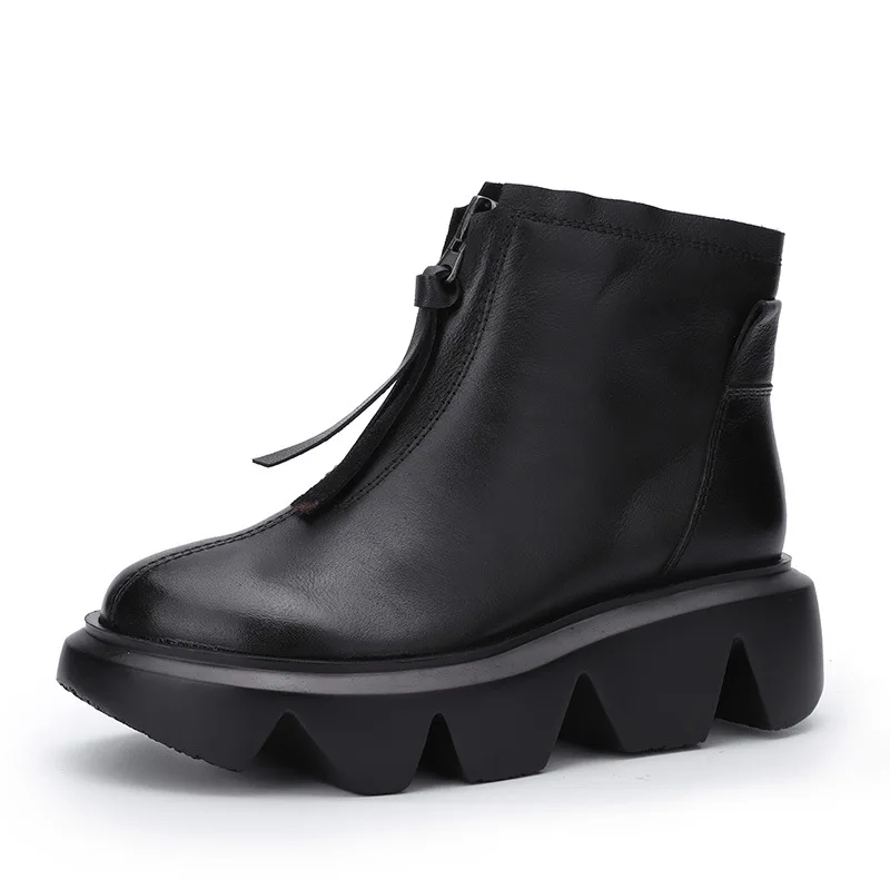 Black leather inner Новые осенне-зимние женские сапоги на плоской подошве на платформе, ботильоны из натуральной кожи, Ботинки martin на молнии, модная оригинальная обувь на толстом каблуке - Цвет: Black leather inner