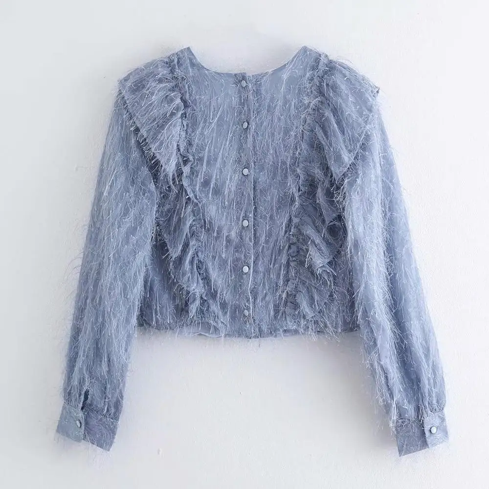 Женская блузка с длинным рукавом круглым вырезом и бахромой | одежда