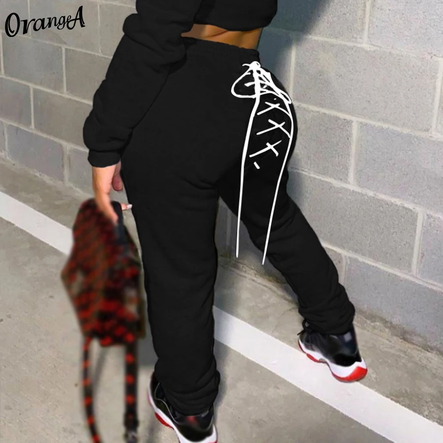 

OrangeA Women Casual Tracksuit Autumn Crop Top Drawstring Bandage Sweatpants Matching Set Solid Fitness Soft Streetwear Outfits