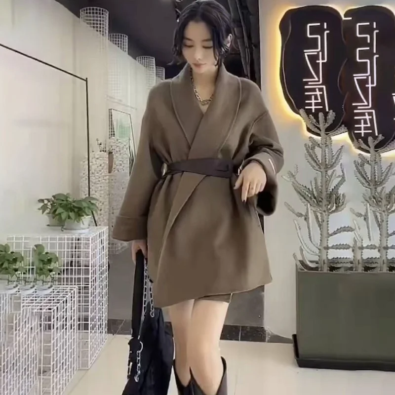 여성 모직 블랜드 코트 솔리드 새시 우아한 Femme 영국 스타일 모직 아웃웨어 노치 패션 디자인 레트로 헵번 모든 경기
