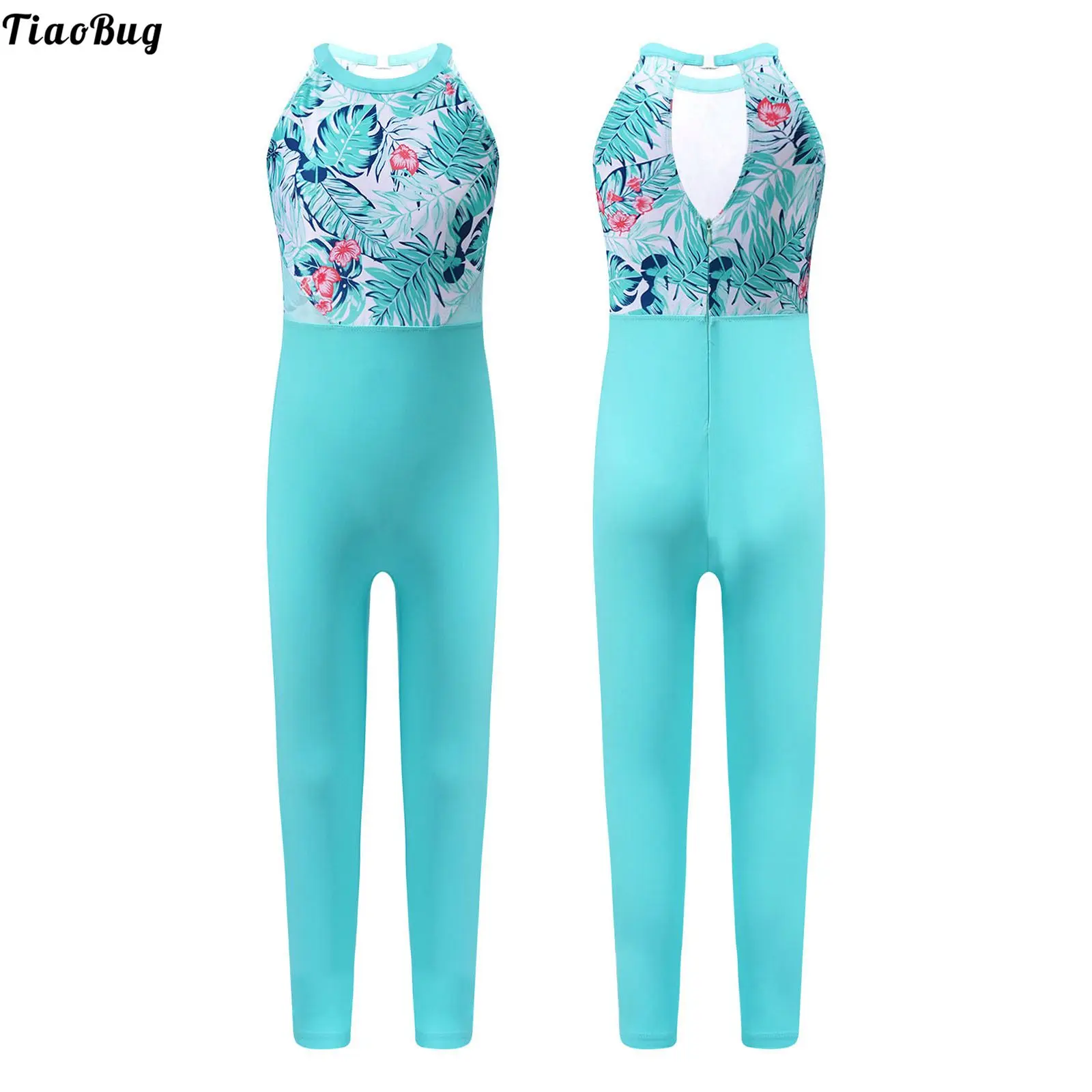 TiaoBug Kids Girls One-Piece Print Jumpsuit Halter Sleeveless Backless Mesh Patchwork Full Length Swimming Dance Gym Leotards | Спорт и