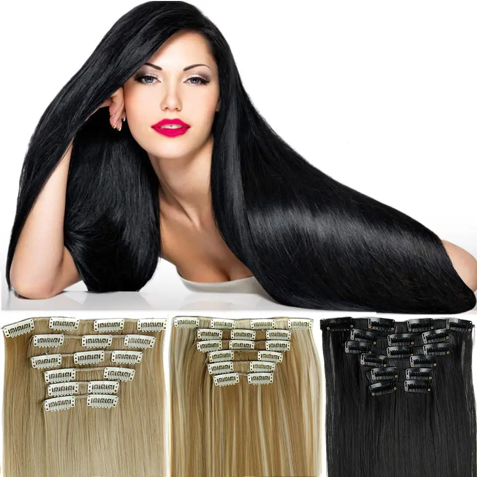 

MEIFAN 24Inch Long Silky Straight Hairpieces 6pcs/set with 16 Clip in Hair Extensions Heat Resistant Synthetic Hair Pieces